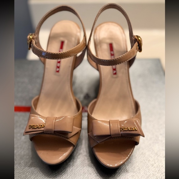 Prada Shoes - Prada Nudo Patent Leather Bow Wedge Sandals - NIB 35